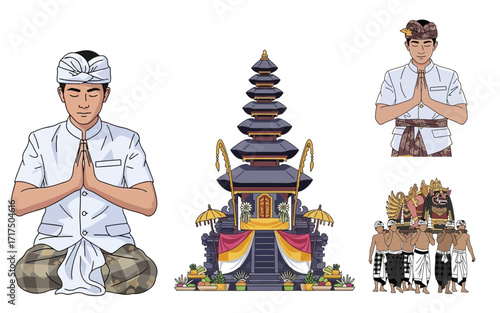 Balinese Temple People and Offerings Depicting Cultural Traditions and Spirituality.
