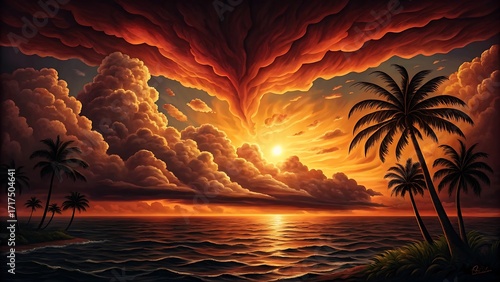 Dramatic Tropical Sunset:  Palm Trees Silhouetted Against Fiery Orange and Gold Clouds Over a Calm Ocean.