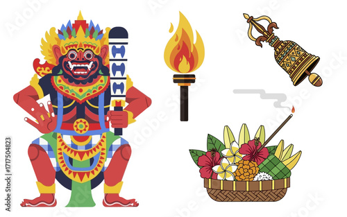 Colorful Balinese Deity with Torch Bell and Offering Basket.