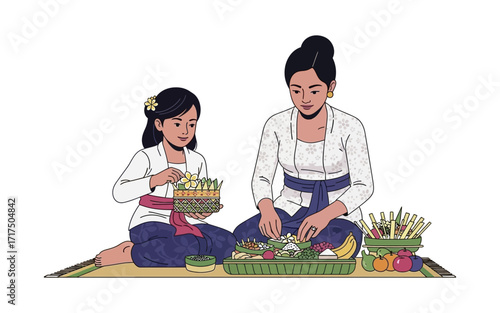 Balinese Women Preparing Canang Sari Offering.