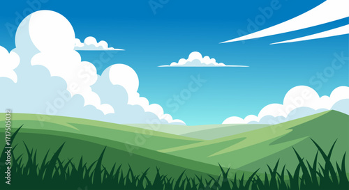 Scenic Green Hills Landscape A Serene Cartoon Illustration with Blue Sky and Clouds