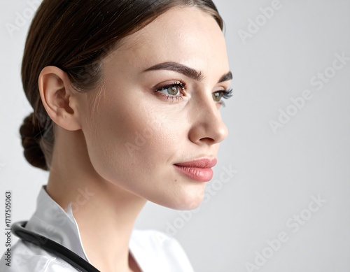 Close-up profile of a woman, likely a doctor or nurse