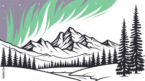Stunning aurora borealis over majestic mountain range, a captivating landscape illustration ideal for travel, nature, and adventure themes in design projects