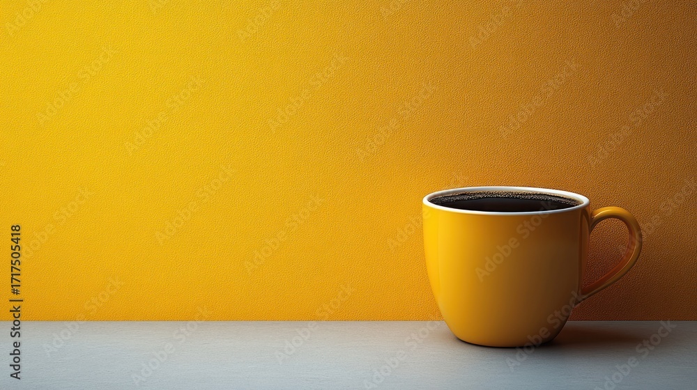 Obraz premium Yellow mug filled with dark liquid sits on a light surface against yellow background.