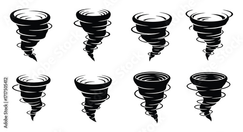 Eight black and white illustrations of swirling tornado shapes on white