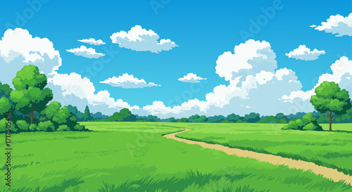 Serene Meadow with Winding Path Under a Blue Sky with Fluffy Clouds, a Picturesque Rural Landscape