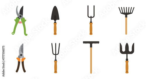 Collection of colorful garden tools displayed in a simple flat layout