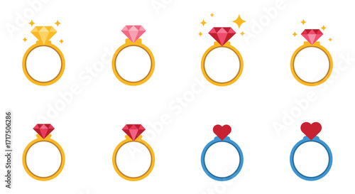 A collection of colorful rings and gems depicting jewelry designs