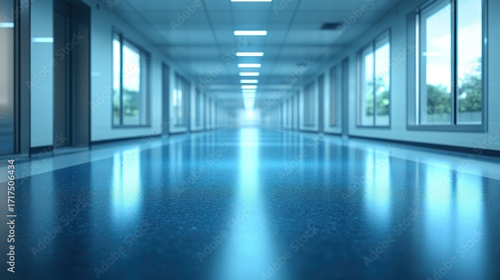 Fototapeta premium Long empty hallway with windows and bright lights reflecting on the floor.