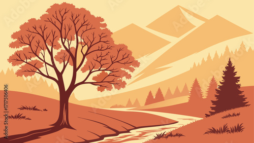 Stunning autumn landscape with vibrant fall foliage and serene river, perfect for travel posters, scenic backgrounds, or nature-themed designs