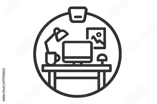 Workspace linear icon for remote work or home office. Vector illustration of a desk with computer, lamp and coffee. Freelance job concept. Modern workplace interior symbol.