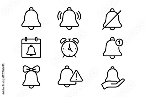 Bell notification line icon set. Ringing, silent, new message alert. Reminder calendar, alarm clock, subscribe button, warning sign. Editable stroke vector for UI UX design.