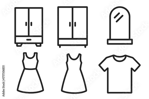 Closet and fashion icon bundle. Line art of wardrobe, mirror, dress, t-shirt. Minimalist vector illustration for home interior, apparel, web, mobile app, and modern design concepts.