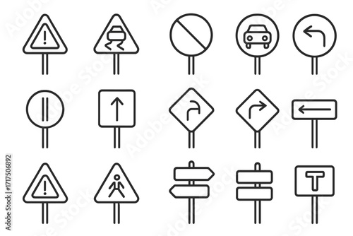 Road sign line icon set. Traffic signs pictogram collection. Highway safety, warning, direction, and street symbols. Simple outline vector for web design, UI, UX, and apps.