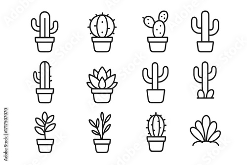 Cactus and succulent line icon set. Collection of houseplant and desert plant symbols in pots. Minimalist vector pictogram with editable stroke for web and graphic design.