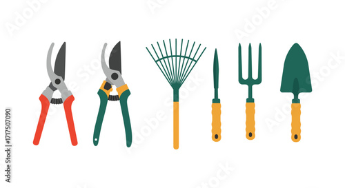A colorful collection of gardening tools arranged in a flat illustrative style