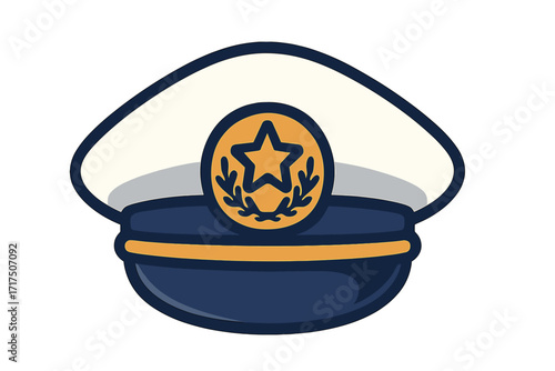 Police officer hat or sea captain cap icon. Flat cartoon vector illustration. Symbol of authority, law enforcement, pilot or navy personnel. Security guard uniform element.