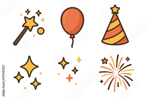 Cute celebration icon set. Cartoon party elements collection. Vector pack with magic wand, balloon, holiday hat, sparkles and fireworks. For birthday, new year, holiday design.