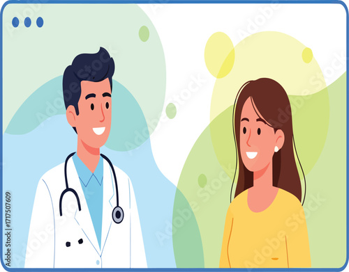 Vector, illustration of a doctor and patient on a computer screen with abstract colors, hospital,