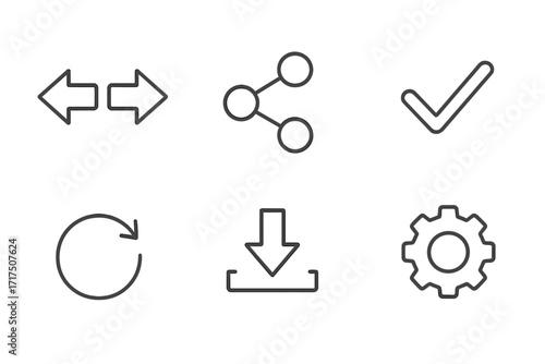 Essential web line icon set. User interface symbols for UI UX design. Download, share, settings gear, refresh arrow, check mark. Vector with editable stroke for apps.