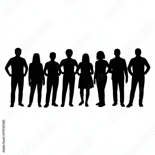 Silhouette of a group of people standing together isolated on white background, representing diversity, community, teamwork, and collaboration in various settings.