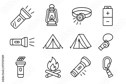 Camping and hiking equipment line icon set. Vector collection of outline signs for outdoor adventure and survival gear. Includes flashlight, tent, campfire, lantern and headlamp.