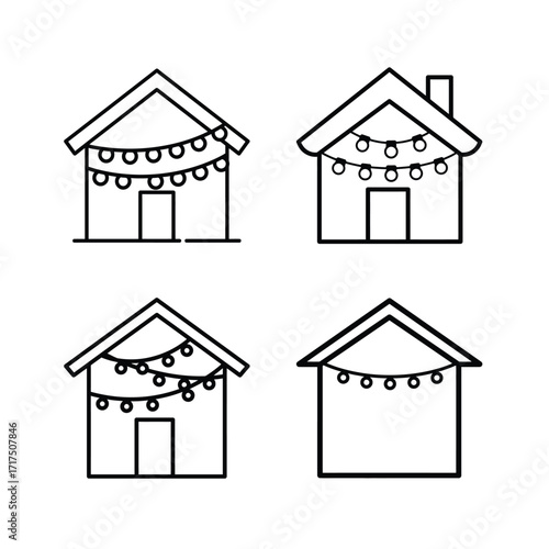 House with lights icons – Black and White Christmas Holiday Vector icon set