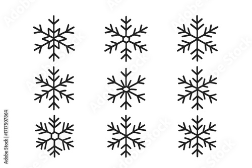 Snowflake icons set. Line art snow flake collection. Winter christmas holiday symbol. Vector frost crystal pictogram. Minimal design element for card, app, web. Editable stroke.