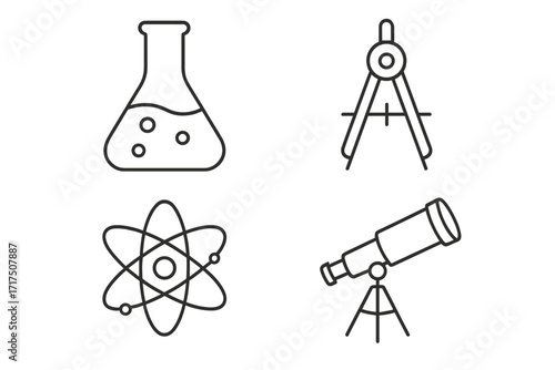 Science and education line icon set. Chemistry, physics, astronomy, geometry symbols. Vector icons of flask, atom, telescope, compass for web design. Editable stroke.