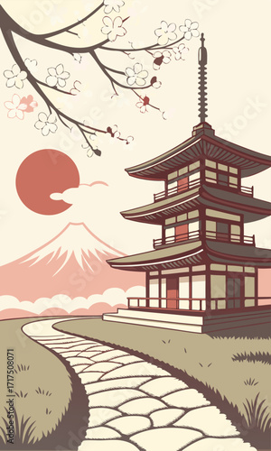 Tranquil Japanese landscape with ancient pagoda, Mount Fuji, and blooming cherry blossoms evokes serenity and travel inspiration for cultural adventures