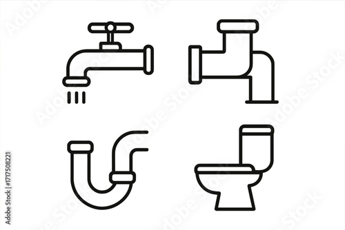 Plumbing line icon set. Faucet, toilet, and pipe symbols. Minimalist pictograms for sanitary engineering, bathroom fixtures, and water systems. Vector graphic for web design.