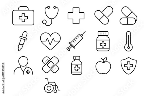 Medical and health care line icon set. Medicine, hospital, pharmacy symbols. Stethoscope, syringe, pills, doctor pictogram. First aid and treatment vector outline icons.