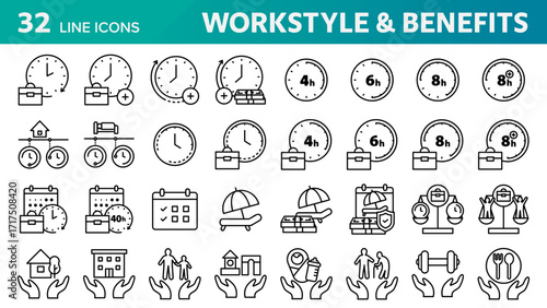 A collection of 32 icons related to work styles and employee benefits.
