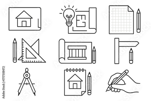 Architecture icon set. Simple line drawing collection. Draft, blueprint, engineering project plan. Vector icons for construction design, house sketch, and creative ideas.