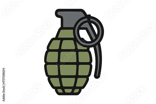 Grenade vector icon, military symbol of war. Hand bomb in flat cartoon style. Army weapon for combat and battle. Dangerous explosive equipment. Isolated illustration element.