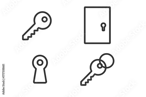Key and door simple line icon set. Vector collection of isolated symbols for security, access, and solutions. Editable stroke illustrations for web, apps, and print.