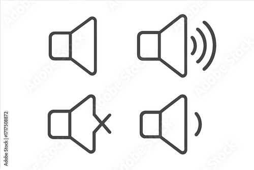 Speaker volume line icon set. Sound on, off, and mute symbols. Loudspeaker outline vector signs for web and app user interface design. Audio control graphic elements.