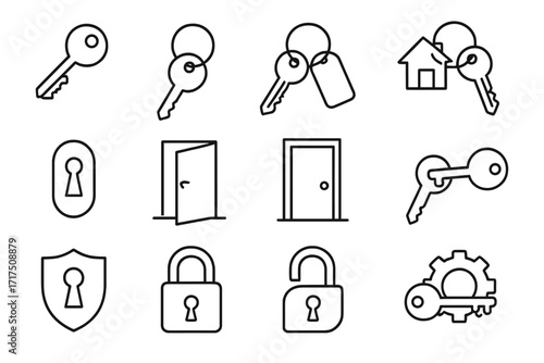 Key and lock icon set. Thin line vector icons for security, access, and property. Includes door, keyhole, padlock, house key, and keychain symbols. Editable stroke design.