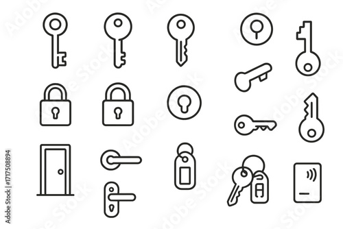 Security and access line icon set. Thin outline vector symbols of keys, locks, and padlocks. Collection includes door, handle, keyhole, fob, and electronic card. Editable stroke.