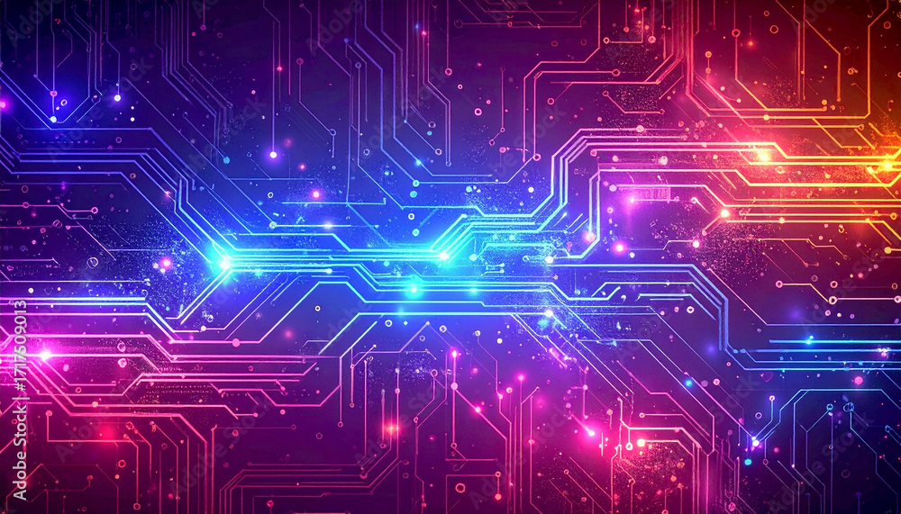 Obraz premium Neon jagged blue and pink digital circuit board glowing futuristic innovation background 
