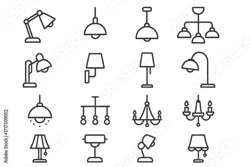 Lamps and chandeliers icon set, editable stroke vector collection for websites, books, cards, apps, transparent background, cartoon style lighting illustrations, modern decor elements
