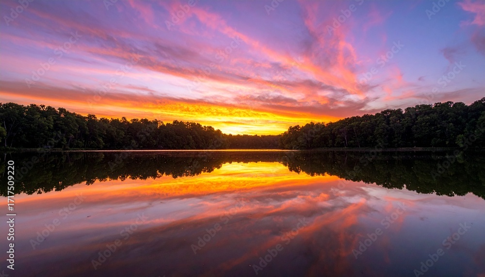 Obraz premium A breathtaking sunset with vibrant orange and purple clouds reflecting perfectly on a calm, mirror-like lake surrounded by a forest silhouette.