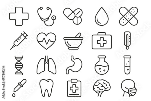 Medical and healthcare line icon pack. Pharmacy, hospital, clinic symbols. First aid, emergency, treatment concept. Stethoscope, syringe, pills, dna, heart, brain, lungs vector.