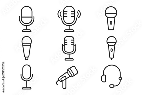 Microphone line icon set. Audio recording and sound broadcast symbols. Collection of mics for podcast, interview, music studio, and voice. Vector outline graphic elements.