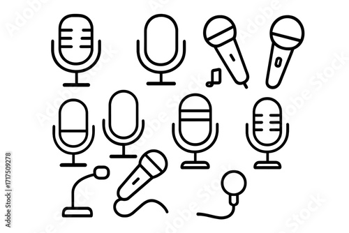 Microphone line icon set. Audio record, podcast, and broadcast symbols. Mic collection for web design, apps, and media player interface. Sound and music vector illustration.
