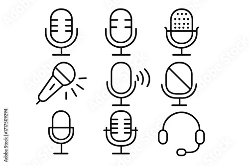 Microphone line icon set. Audio record and broadcast symbols. Podcast, voice, and sound pictograph collection. Mute and headset icons for web, UI, UX design. Vector.
