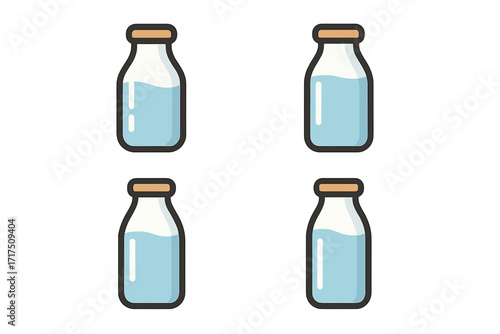 Flat style cartoon milk bottle icon set with transparent background, vector illustration of ordered glass milk bottles, dairy product container, fresh milk design
