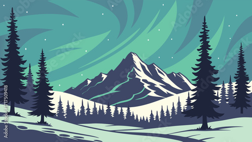 Majestic mountain landscape under swirling aurora borealis sky, a serene and inspiring scene. Perfect for nature lovers and adventure seekers in the great outdoors