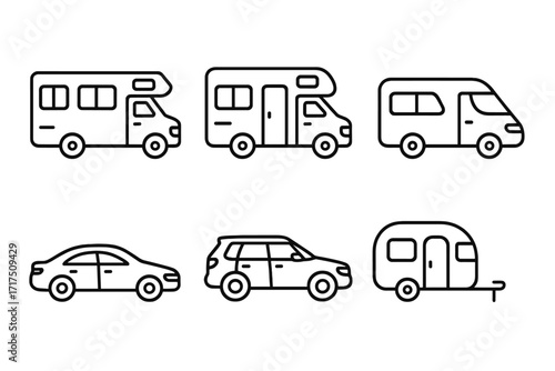 Car, motorhome, and van line icon set. RV, camper, and trailer outline symbols for travel and vacation. Transport and recreational vehicle vector illustration for web and apps.