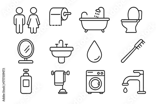 Bathroom line icons set. Vector toilet and hygiene symbols. Washroom outline pictogram collection. Includes bath, shower, sink, faucet, mirror, toothbrush, soap, restroom sign.